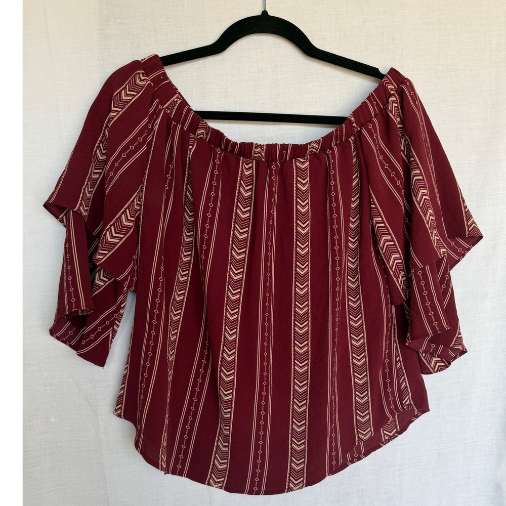 Blu Pepper Off Shoulder Boho Peasant Festival Top Burgundy Chevron Ruffle Small
